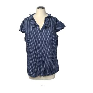 Talbots Ruffle Polka Dot Blue White V Neck Short Sleeve Top L